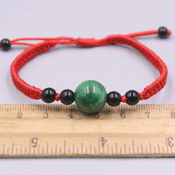 Green Jade Jadeite Circle Bead Red Knitted Bracelet - Picture 1 of 6